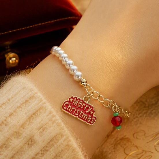Holiday Outfit Decoration Christmas Beaded Charm Bracelet for Women, Faux Pearl Seasonal Fashion Wristband Beads Stackable Bracelet, Party