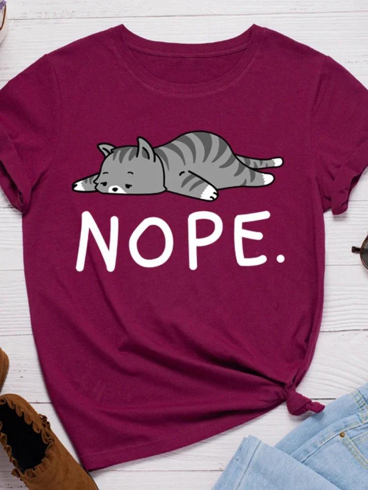 Não Estampa de Gato Camiseta Feminina Manga Curta Gola O Solta Camiseta Feminina Camiseta Feminina Tops Roupas Camisetas Mujer