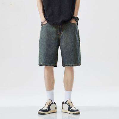 Men Shorts Elastic Waist Mid-rise Summer Casual Sport Shorts with Pockets Straight Wide Leg Denim Shorts