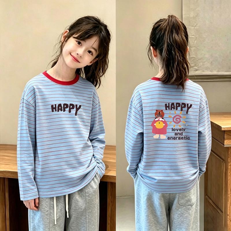 Stylish Girls' Striped Long-Sleeve T-Shirt for Ages 6-15 - Spring/Autumn Casual Base Layer Top