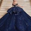 European and American sexy one-word shoulder navy blue off-the-shoulder bar mitzvah dress 1011 new applique fluffy colored yarn princess dress