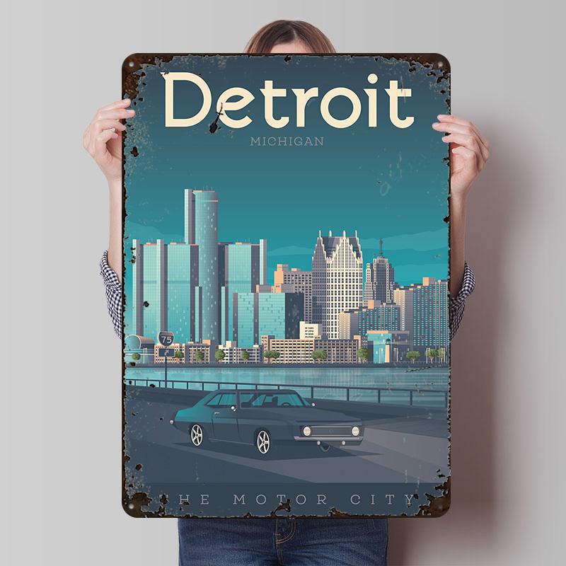 Detroit Travel Printed Poster Customized Wall Art Retro Vintage Metal Tin Signs for Room Home Decorations Bedroom Decoration
