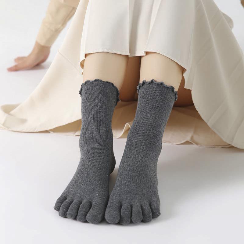 5 Pairs Women'S Five Finger Ruffle Socks Korean Fashion Solid Black Pink Crew Business Dress Toe Socks All Seasons Comfortable