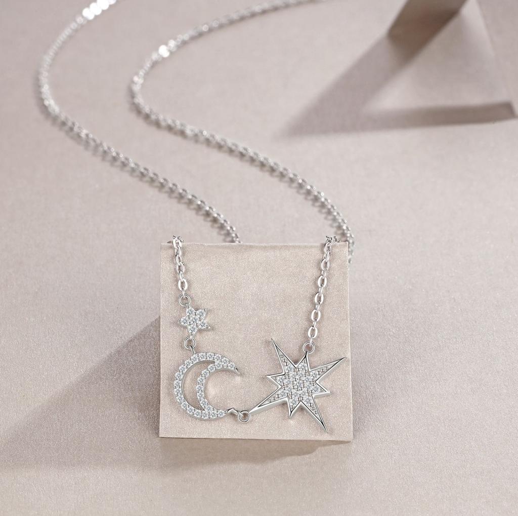 Sweetrain Full Moissanite Necklace for Women 925 Silver Star&Moon Pendant 18k white Plated Female Necklace