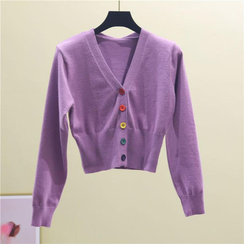 Women's Long Sleeve Slim Knit Cardigan with Colorful Buttons