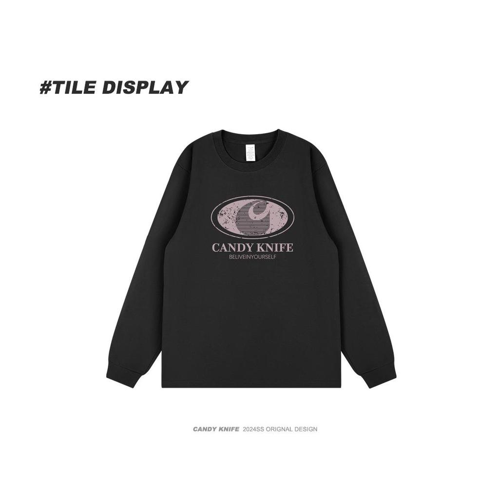 Trendy Retro Logo Print Unisex Cuffed Long Sleeve T-shirt – 24 Years Hong Kong Style