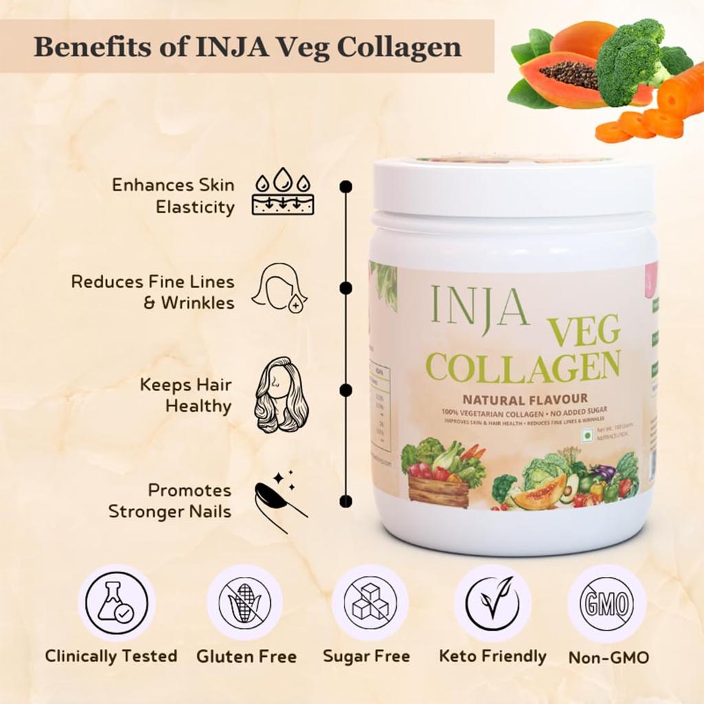 INJA Wellness Veg Collagen Supplement Powder for Women, Men, 100% Vegetarian, No Added Sugar, Improves Skin and Hair Health, Natural Flavour, 150g