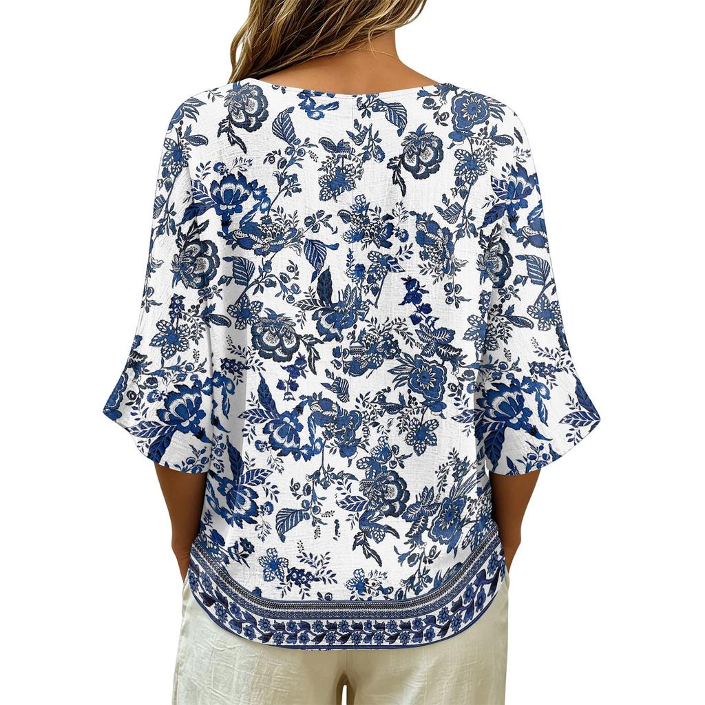 Women V Neck Vintage Floral Print Loose Fit Short Sleeve T Shirt Button Detail Linen Blend Fabric Casual Top for Daily Wear