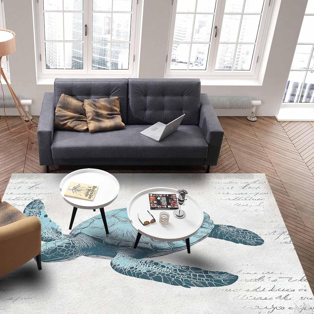 Turtle Washable Area Rugs Blue Ocean Animal Vintage Texture Non Slip Rugs for Living Room Bedroom,Low Pile Floor Mat Large