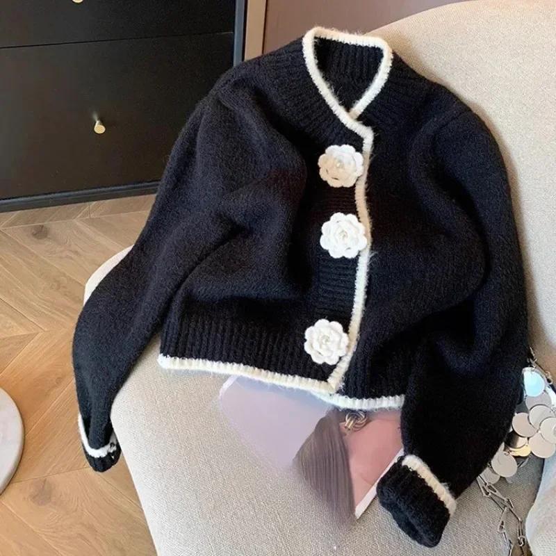 Cardigan French Sweet 3D Flower Knitted Cardigan Women Autumn Winter Vintage Color Contrast Slim Short Sweater Coat Fashion Tops
