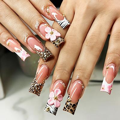 Cross-border Manicure Wearing Nail European and American Long Leopard Print French Wholesale Pink Fake Nail Bow Removable Explosion
