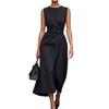 Sleeveless Round Neck Dress, High Waist Belted Wrap Split Long Sundress,Elegant Slim Fit Business Casual Party Dress Available in Multiple Colors