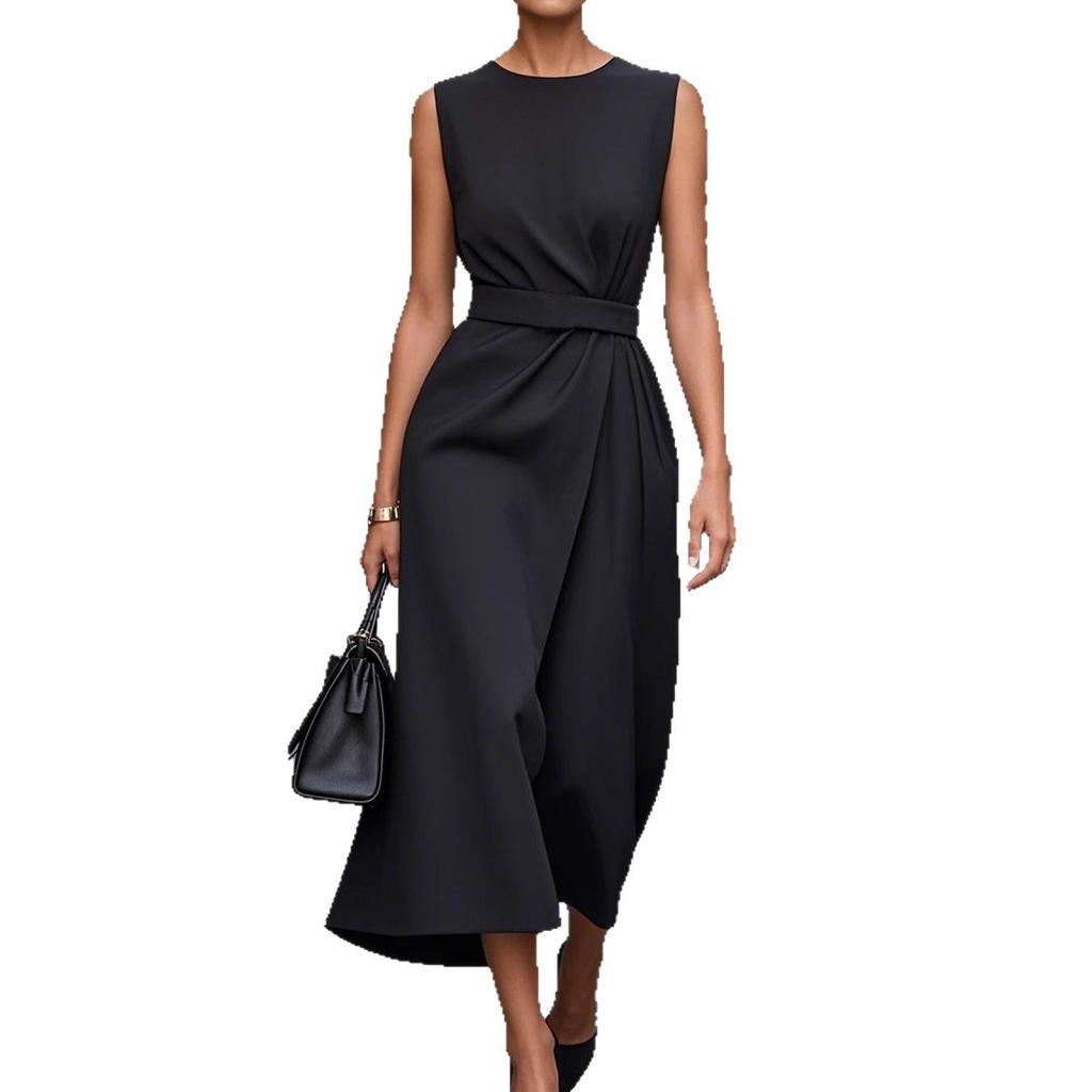 Sleeveless Round Neck Dress, High Waist Belted Wrap Split Long Sundress,Elegant Slim Fit Business Casual Party Dress Available in Multiple Colors