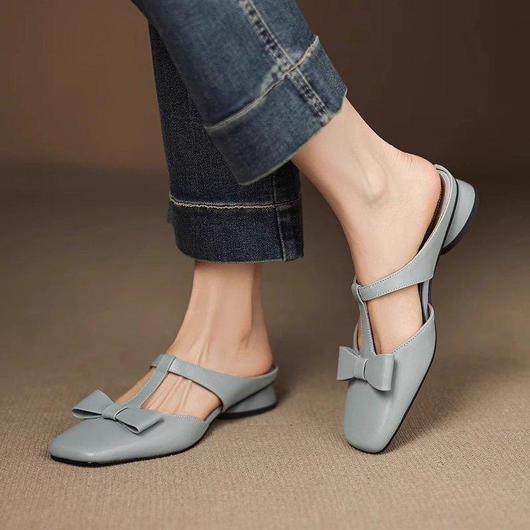 French Low-heeled Bag Head Half Slippers Women's Summer Wear 2025 New Fashion Square Head Thick Heel One Pedal Rear Empty Sandals