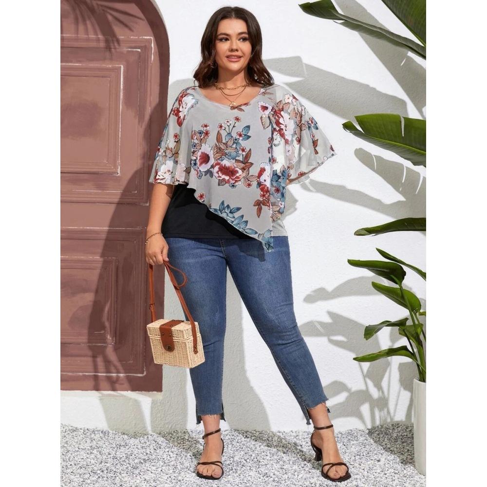 Plus Size Women's Chiffon Shawl Fake Two Piece T-Shirt