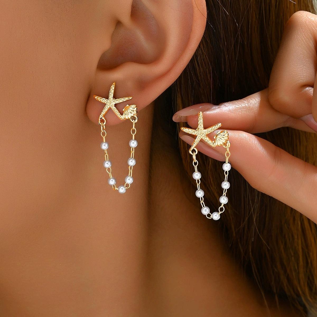 

Sweet Boho Ocean Beach Starfish Shell Pearl Beaded Tassel Chain Stud Earrings for Women Summer Vacation Designer Zircon Gifts золотий