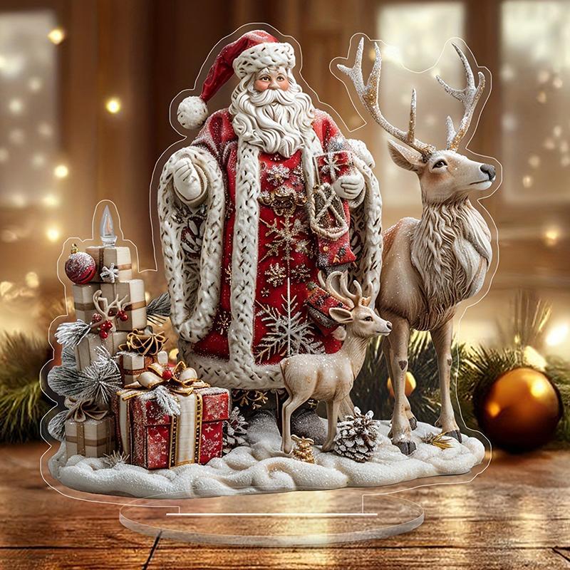 1Pcs Christmas Reindeer Sleigh Santa Figurine 2D Acrylic Christmas Santa Claus On Sleigh Decoration Holiday Party Supplies