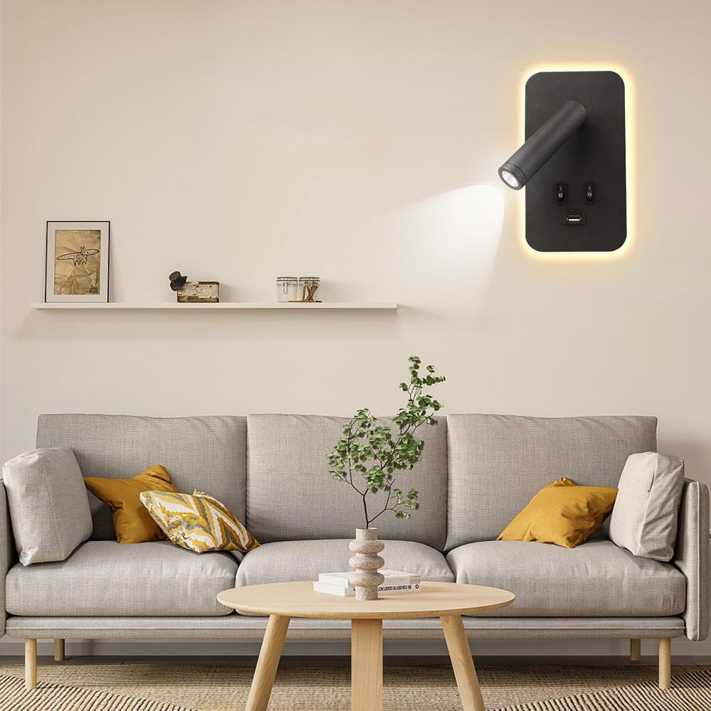 Bedside Wall Lamp with Switch and USB Port Wall Mounted Reading Spot Lights Bedroom Wall Sconce Rotatable Led Wall Light Cabinet