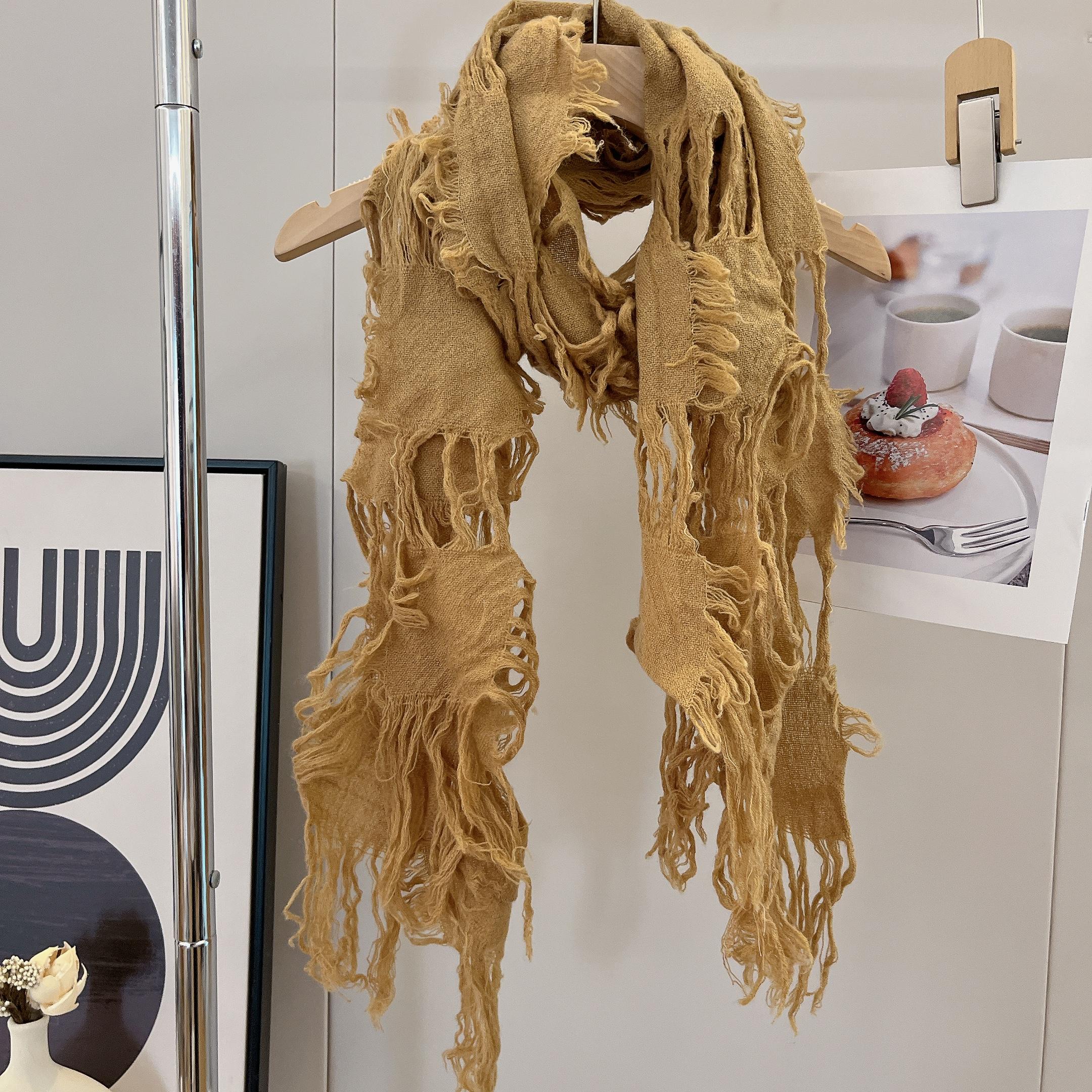 

2026 Ripped Hole Tassel Vintage Scarf Men Women Autumn Spring Retro Ragged Hip Hop Punk Y2k Neck Warmer One Size