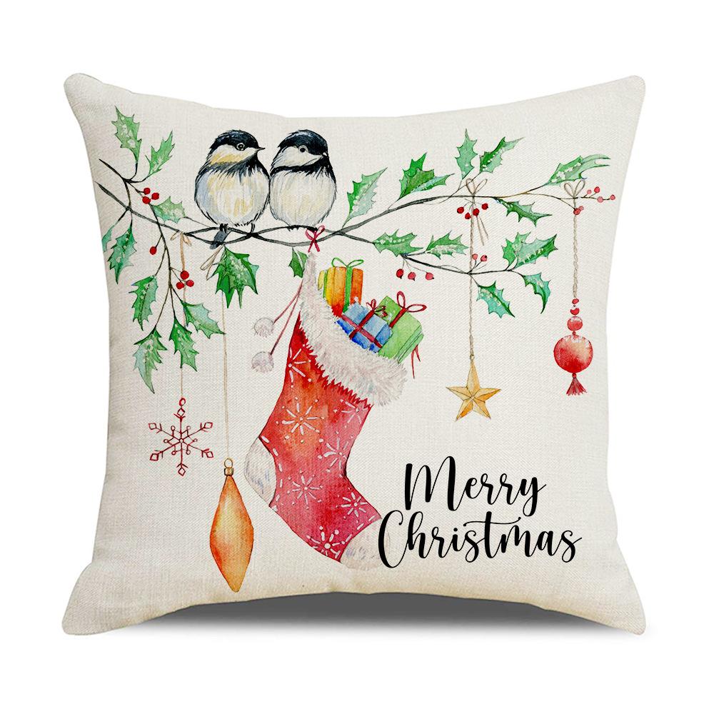 New Christmas Linen Pillow Cover Home Watercolor Style Simple Printed Bedside Pillow Cover