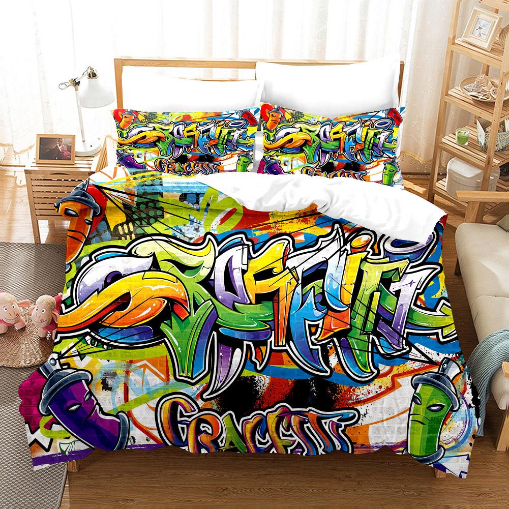 Cartoon Style Hip-hop Doodle 3D Printed Duvet Style Pillowcase Bedding Set Teenager Bedroom Decor Bed Set