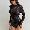 Seet Through Mesh Lace Women Blouse Spring Black Long Sleeve Jacquard Shirt Sexy Semi Transparent Slim Fit Top Female Streetwear Solid Color Clothing