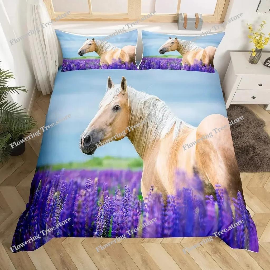 3D Horse Duvet Cover King Queen Size Yellow Sunflower Bedding Set Floral Animal Theme Quilt Cover Wildlife Soft Comforter Cover