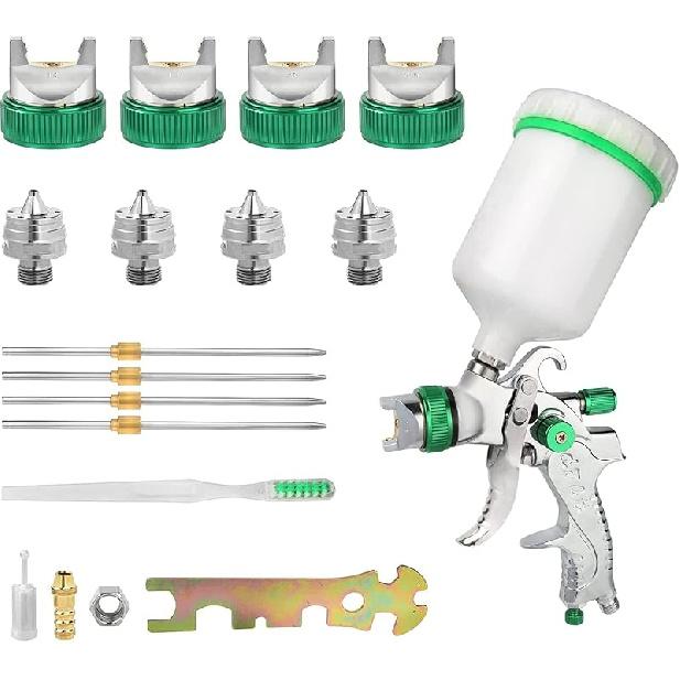 Hvlp Spray Gun, Air Spray Gun Paint Sprayer Gun with 1.4/1.7/2.0/2.5mm Nozzles, 600ml Capacity Great for Walls, Automotive, Home Improvement (Green)