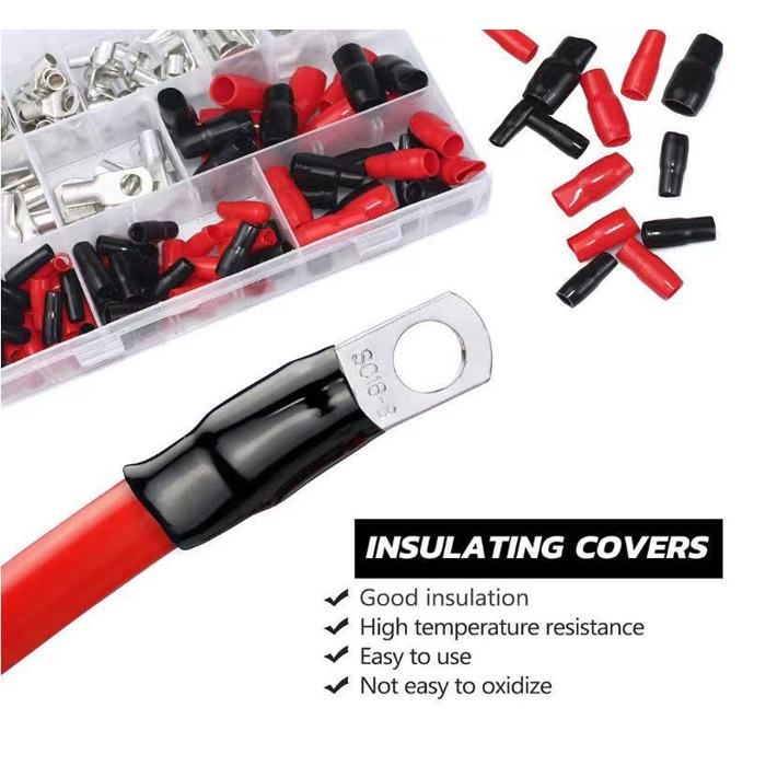 Kit 120 cosses à sertir annulaires SC (4,6,8,10 AWG) + 60 manchons isolants rouge/noir pour batterie