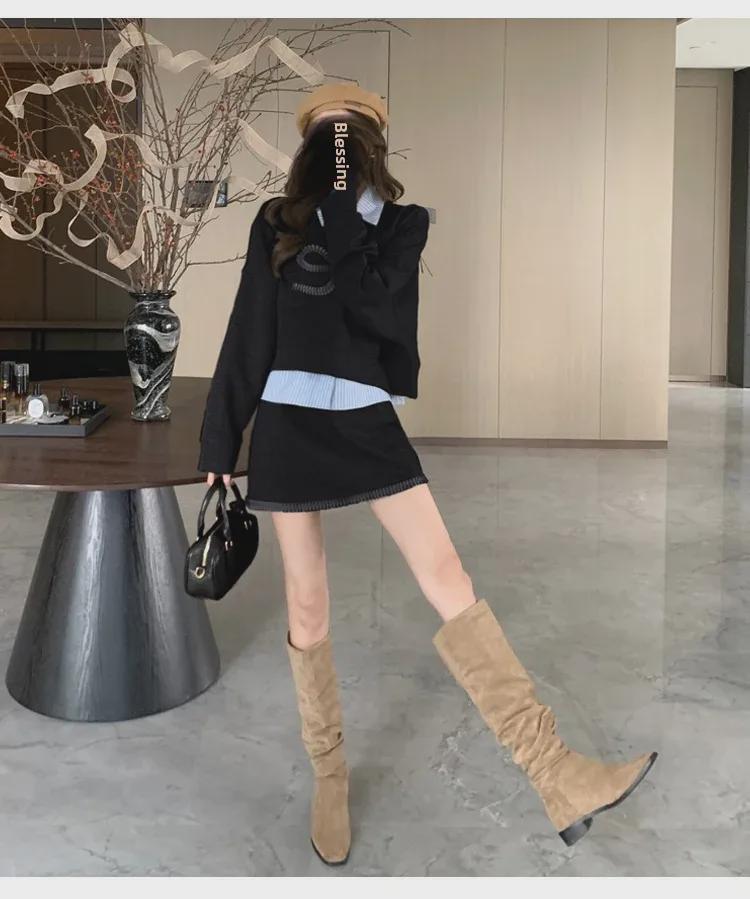 2024 Autumn & Winter Korean-Style Casual Sweater, Skirt & Shirt Three-Piece Set for Women