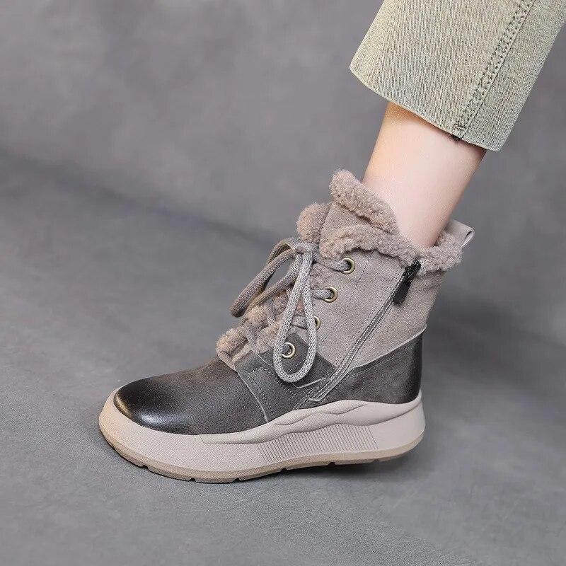 Johnature Genuine Leather Thick Soled Autumn Winter Plush Warm Cotton Boots Round Toe Versatile Retro Short Boots