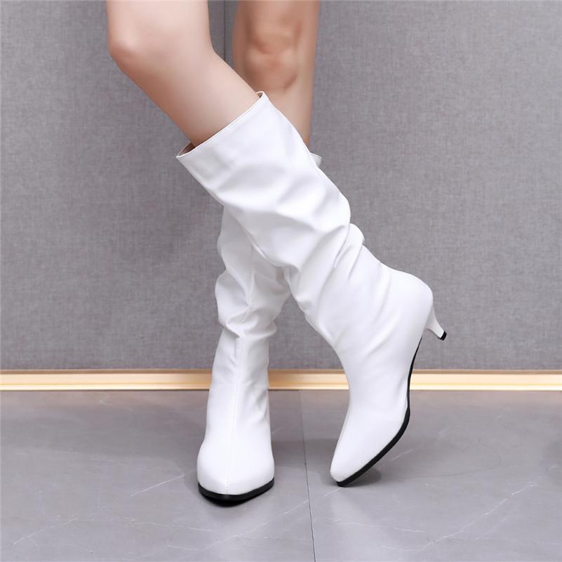 FOREADA Women Knee High Boots Pointed Toe Thin Mid Heels Pleated Long Boots Ladies Fashion Shoes Autumn Winter Black White 46