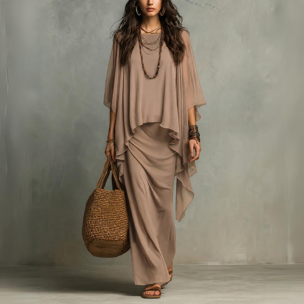 Ensemble robe longue deux pièces en mousseline pour femme avec châle enveloppant pour les vacances d'été