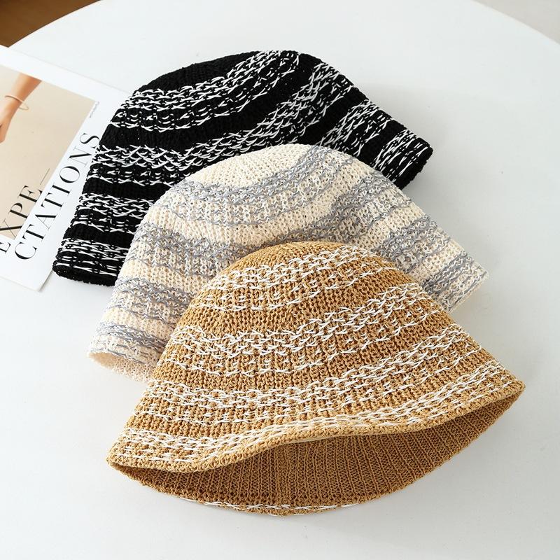 Women's Spring/Summer Outing Hollow-Out Striped Fisherman Bucket Hat Face-Slimming Sunhat Contrasting Color Stripe Fisherman Cap