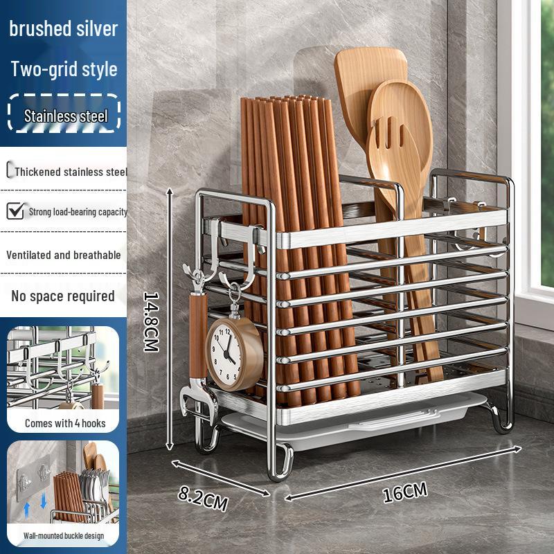 Wall-Mounted Stainless Steel Chopstick and Spoon Holder with Drainage