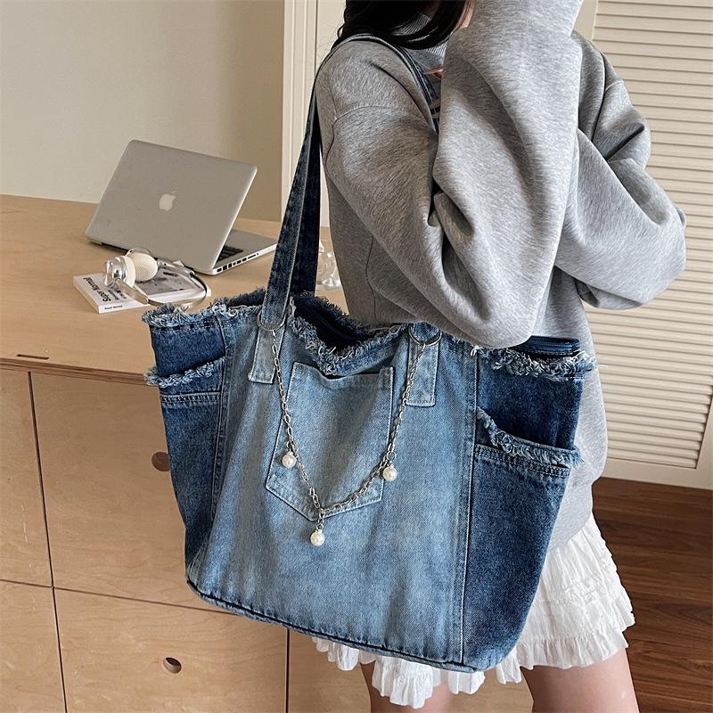 Niche Raw Edge Denim Tote Bag 2025, Women's Large Capacity Commute Shoulder Bag with Fashion Silk Scarf