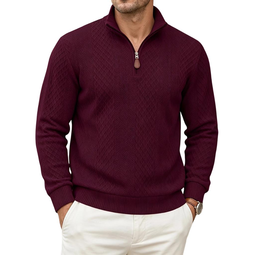 Herren Freizeit Pullover mit halbem Reißverschluss, Stehkragen, langen Ärmeln und Leder-Reißverschlussschieber