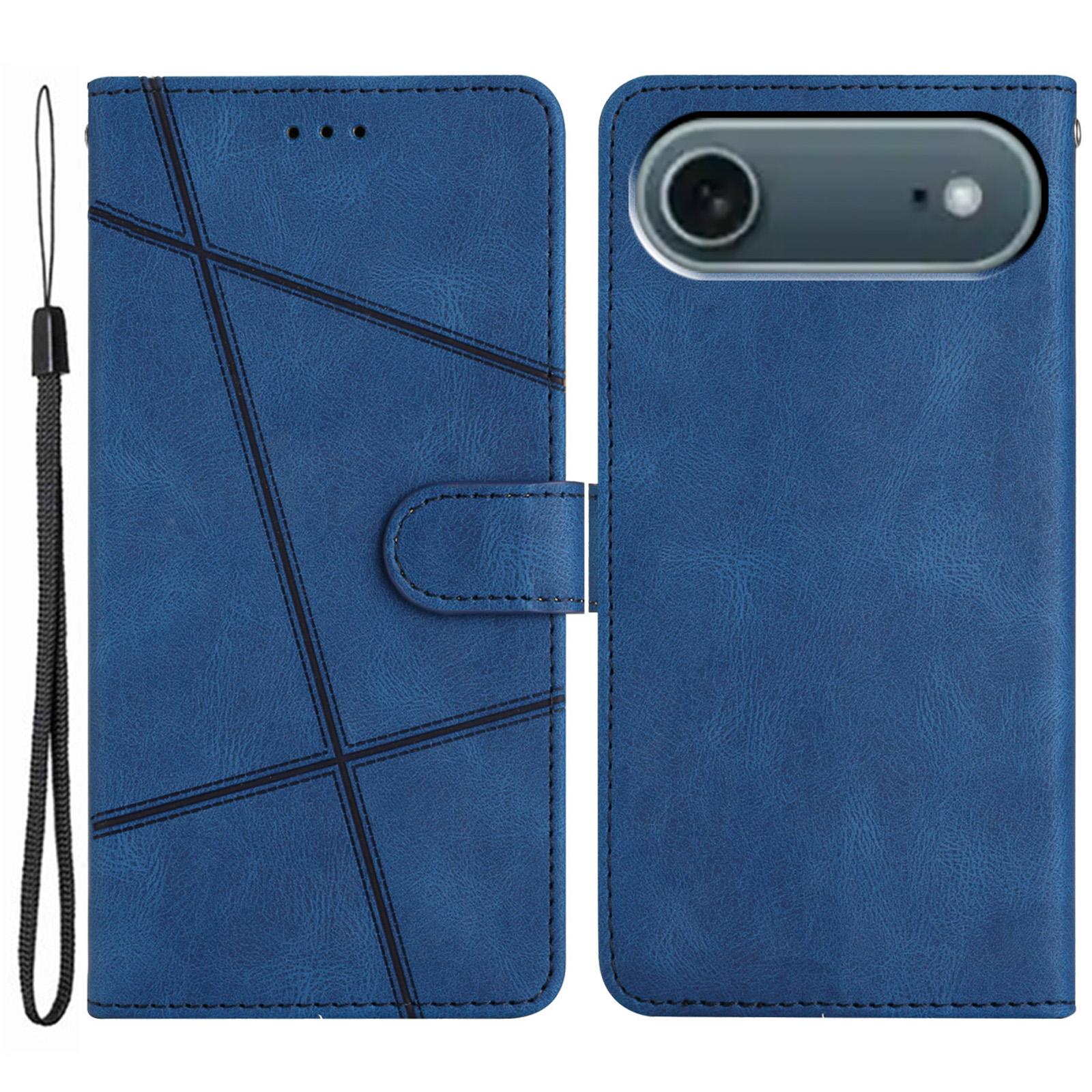 

For iPhone 17 Air Wallet Case Line Imprinted Skin-Touch Leather Flip Phone Cover Blue