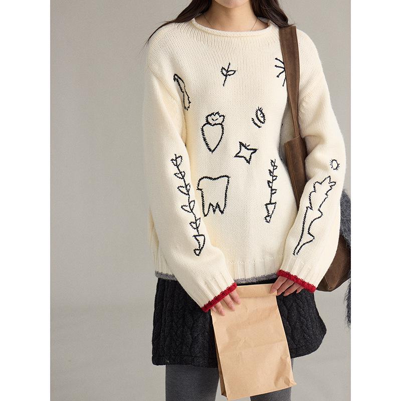 Japanese Atmosphere Retro Cartoon Jacquard Round Neck Women's Wool Sweater - New Winter Style N965C