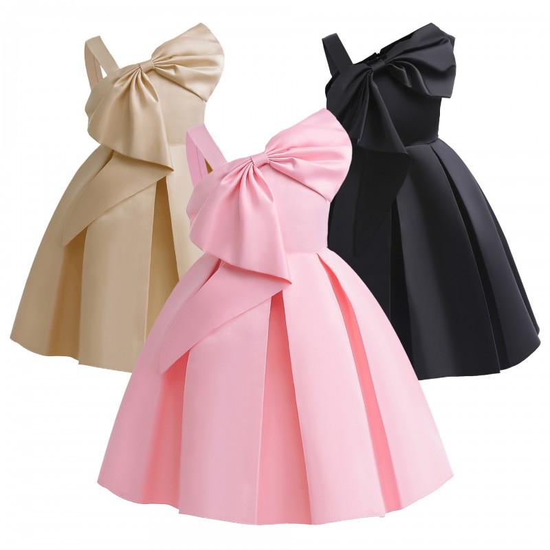 Girls One Shoulder Dress Solid Color Princess Party Kids 3-8 Years
