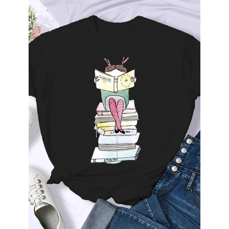 Woman Plus Size Round Neck Half Sleeve T-shirt Printed T-shirt Top New T Shirt Coffee Books Brown Books American Retro T-shirt