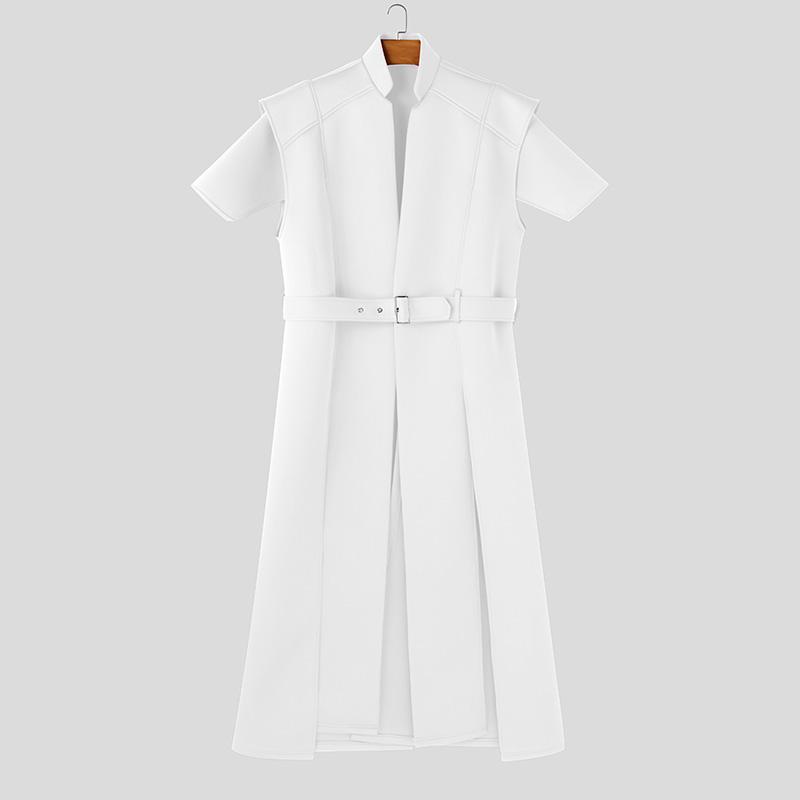 

INCERUN Мужские топы без рукавов с воротником-стойкой и поясом, длинные, повседневные туники, футболки M