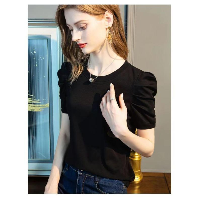 Letní tričko s krátkým rukávem dámské top ve francouzském stylu s bublinkovými rukávy