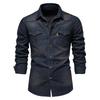 Elastic Cotton Denim Shirt High Quality Men Long Sleeve Solid Color Pocket Shirts for Men Casual Slim Fit Mens Designer Clothing
