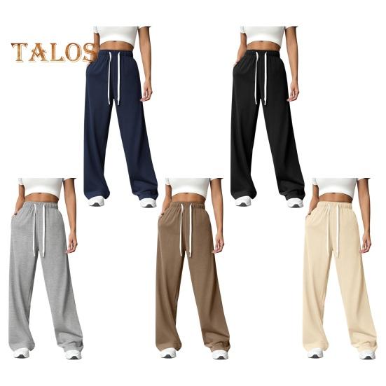 Pantaloni pentru femei cu talie înaltă elastică, cu șnur reglabil, pantaloni drepti cu picior largi, cu buzunare, pantaloni casual de culoare uni