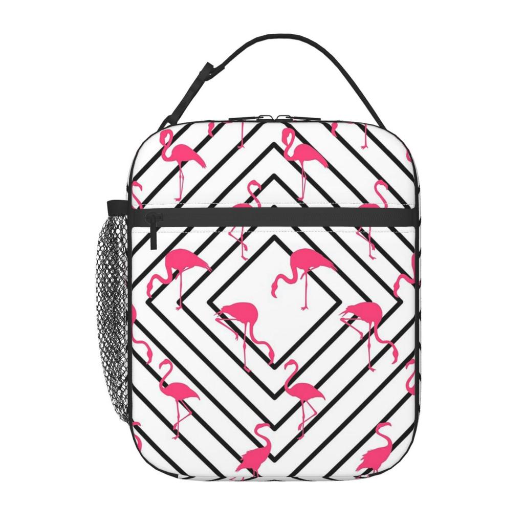 Black Striped And Cartoon Flamingo Insulated Lunch Bag for Office Cooler Thermal Food Box Tote Leakproof Lunch Boxes Container