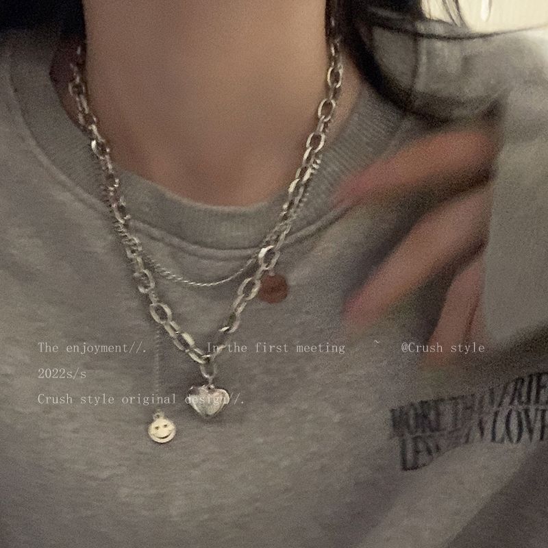 Sweet Cool Babes _ Titanium Steel Does Not Fade Smiley Face Love Sweater Necklace Women's Autumn Accessories Ins Hip Hop Versatile Sweater Chain
