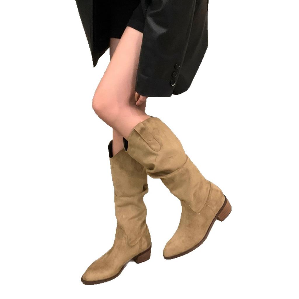 Vintage Brown V-mouth Stack Medium Tube Boots Women's Shoes 2025 Spring and Autumn Winter Pointed Western Cowboy Boots