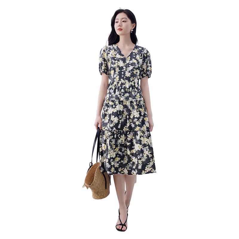Xiangying Women s Purple Floral V-Neck Puff Sleeve Cotton Dress S