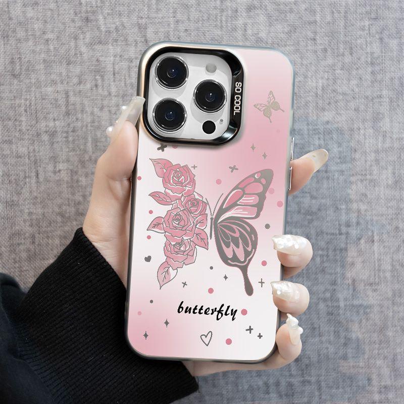 Apple 15 Pro Max Colorful Silver Phone Case (14/13/12), Creative Trendy Style, Cute Butterfly Rose Colorful Silver